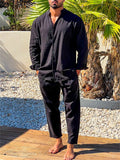 Casual Long Sleeve Linen Solid Color V-Neck Outfits For Men