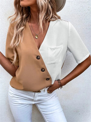 Trendy Contrast Color V Neck Half Sleeve Button Shirt for Lady
