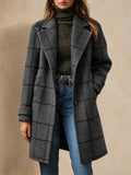 Women Plaid Wool Blend Long Lapel Single Breasted Overcoat
