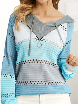 Women's Casual Contrast Color Hollow Patchwork Hoodie