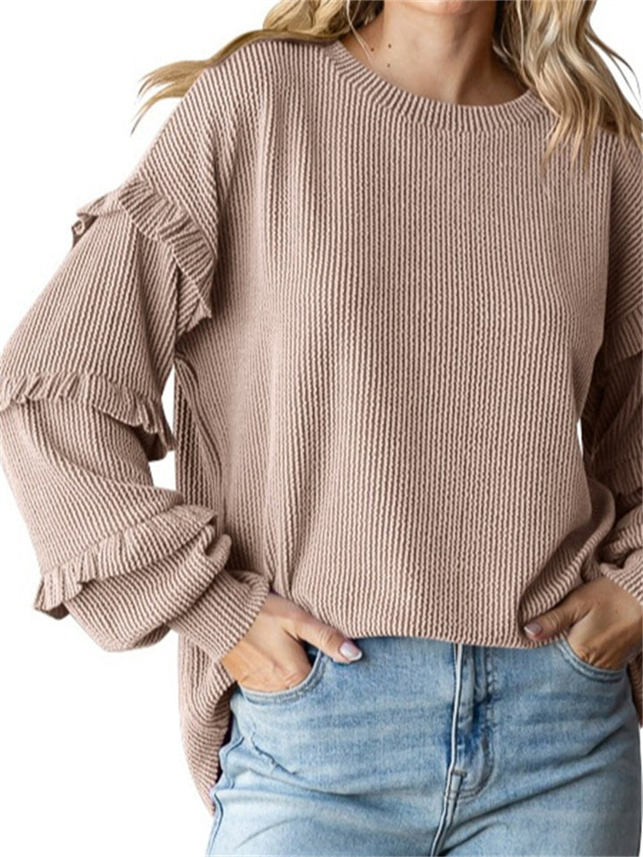 Women's Solid Color Round Neck Puffed Long Sleeve Shirts