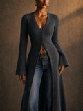 Women Maxi Ribbed Knit V Neck Button Down Cardigan Sweaters