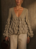 Womens V Neck Pleated Popcorn Textured Flare Sleeve Blouse