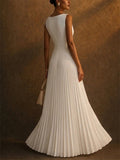 Women White Sleeveless V Neck Pleated Evening Maxi Gown Dress