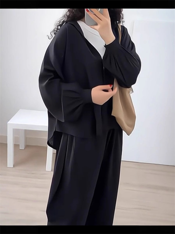 Women's 2Pcs Solid Color Long Sleeve Button Up Cardigan Shirt & Pants Set