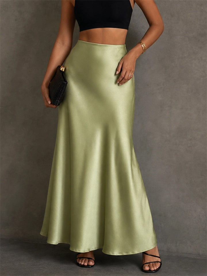 Womens Summer Elegant High Waisted Satin Maxi Skirt