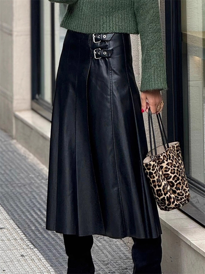 Women's Black Faux Leather Pleated A-Line Midi Skirts