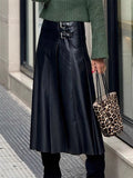 Women's Black Faux Leather Pleated A-Line Midi Skirts