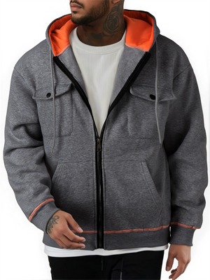 Men's Autumn Fleece Zipper Long Sleeve Cargo Pockets Cardigan Hoodie