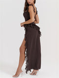 Summer Sexy Ladies High Split Backless Ruffle Mesh Dress