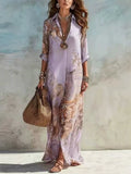 Womens Elegant Baroque Print Maxi Button Down Shirt Dress