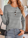 Women's Contrast Color Stripe Quarter Button Long Sleeve T-Shirt