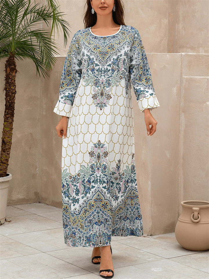 Women's Retro Elegant Printed Beads Round Neck Muslim Robe Dress
