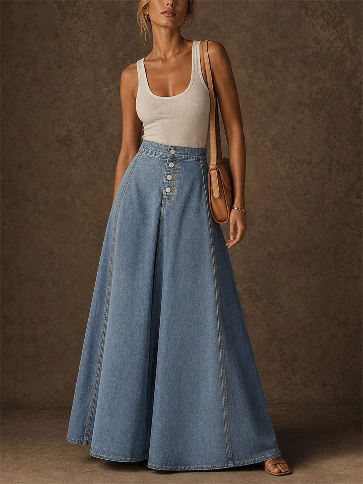 Women High Waist Button Front A Line Flared Denim Maxi Skirt