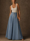 Women High Waist Button Front A Line Flared Denim Maxi Skirt