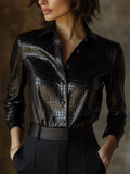 Elegant ‌Black Crocodile Print Faux Leather Glossy Blouse for Women