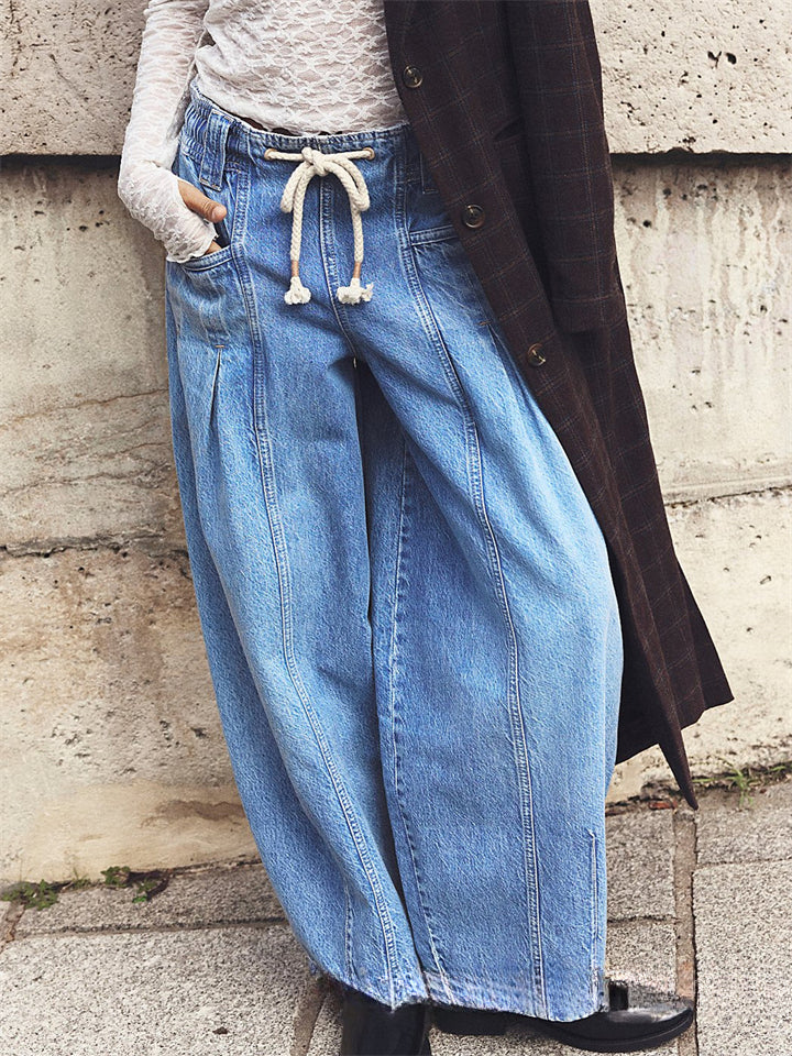 Women's Trendy Drawstring Low Waist Pockets Wide Leg Denim Pants