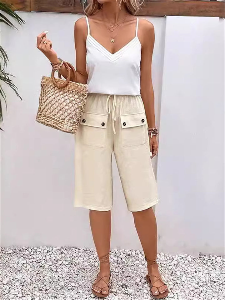 Female Solid Drawstring Knee Length Pants with Button Pocket