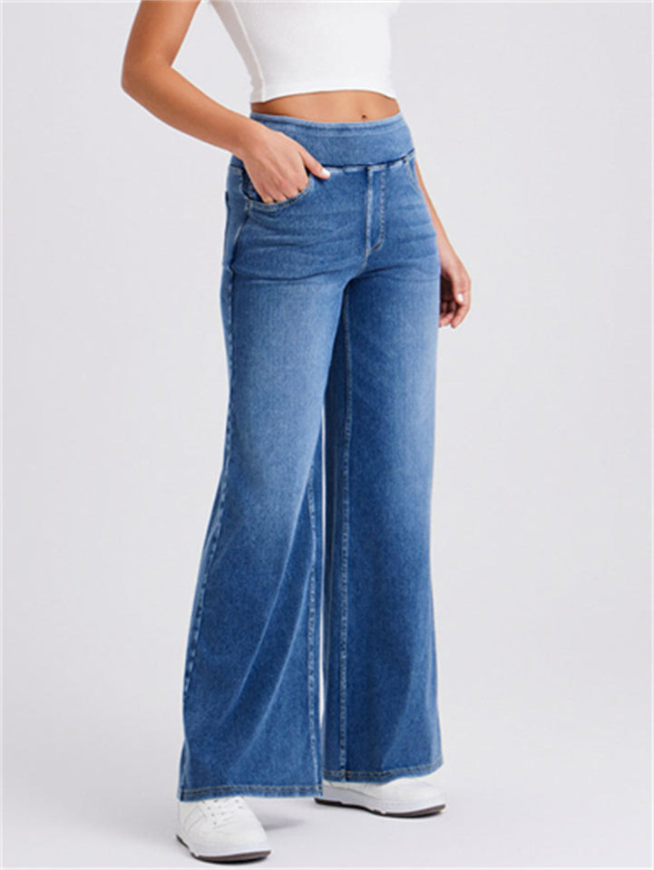 Womens High Waisted Elastic Wide Leg Pull on Denim Jeans