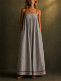 Women's Striped Maxi Beach Sundress with Red Trim Pockets