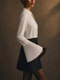 Womens Elegant Pleated Flare Sleeve Cutout V Neck Blouses