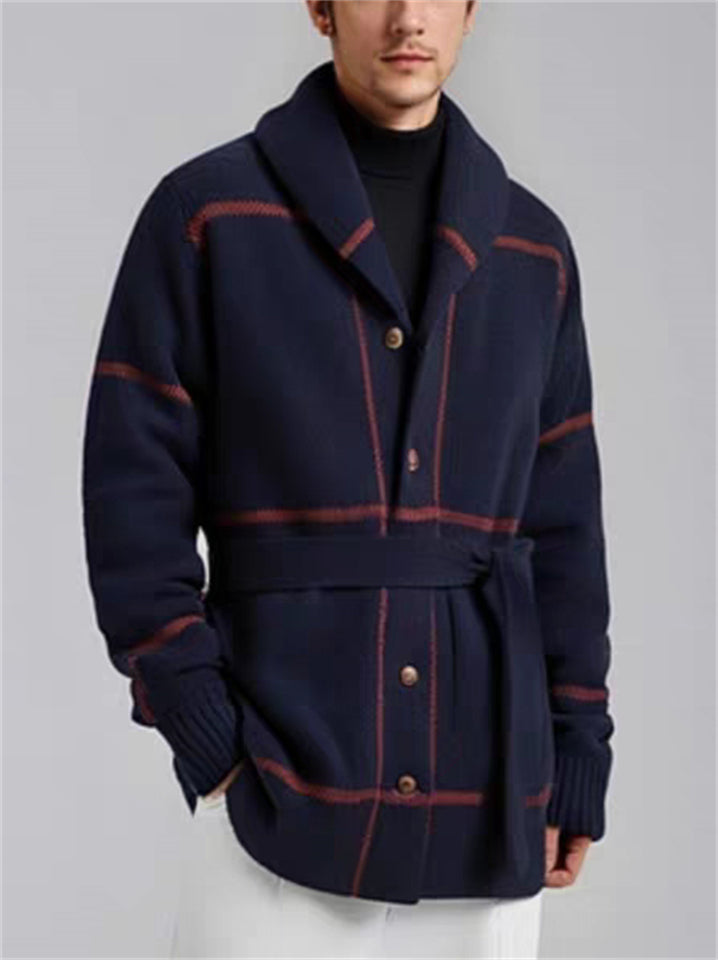 Male's Retro Thickened Stripe Jacquard Button Up Cardigan Sweaters