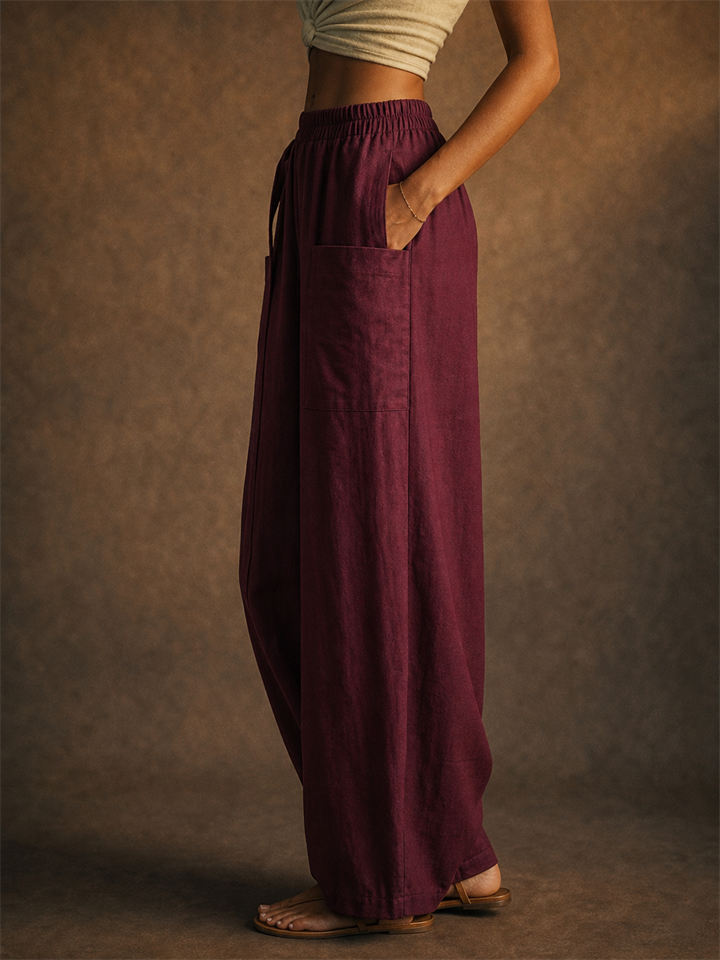 Women Summer Elastic High Waist Wide Leg Pants with Pockets