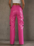 Women's Hot Pink Faux Leather High Waist Wide Leg Cargo Pants
