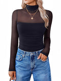 Women's Solid Color Mesh Patchwork High Neck Long-sleeve Undershirt