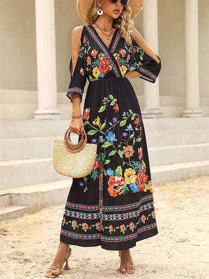 Beautiful Flower Print Side Slit Bohemian Dress for Women