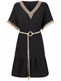 Women's Bohemian Lace V Neck Short Sleeve Ruffled Dress with Waistband