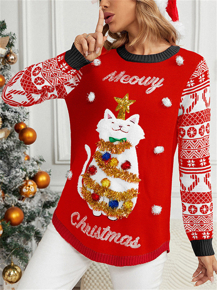 Women's Autumn Red Cartoon Kitten Jacquard Round Neck Christmas Sweaters