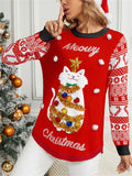 Women's Autumn Red Cartoon Kitten Jacquard Round Neck Christmas Sweaters