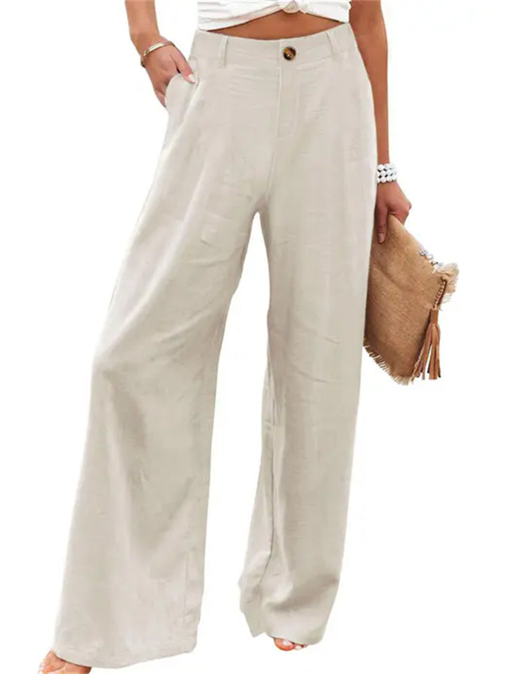 Women's Comfy High Waisted Cotton Linen Wide Leg Pants with Pockets