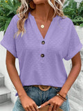 Women's Casual Solid Color Jacquard Button V-neck Pullover T-shirts