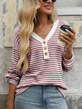 Women Striped Knit V Neck Long Sleeve Loose Fit Casual Shirts