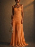 Women Elegant Lace Chiffon Spaghetti Strap Maxi Dress