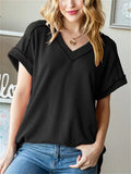 Women's Solid Color Pit Stripe V Neck Long Sleeve Shirts