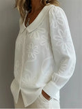 Women‘s Casual Floral Embroidered Peter Pan Collar Long Sleeve Blouse