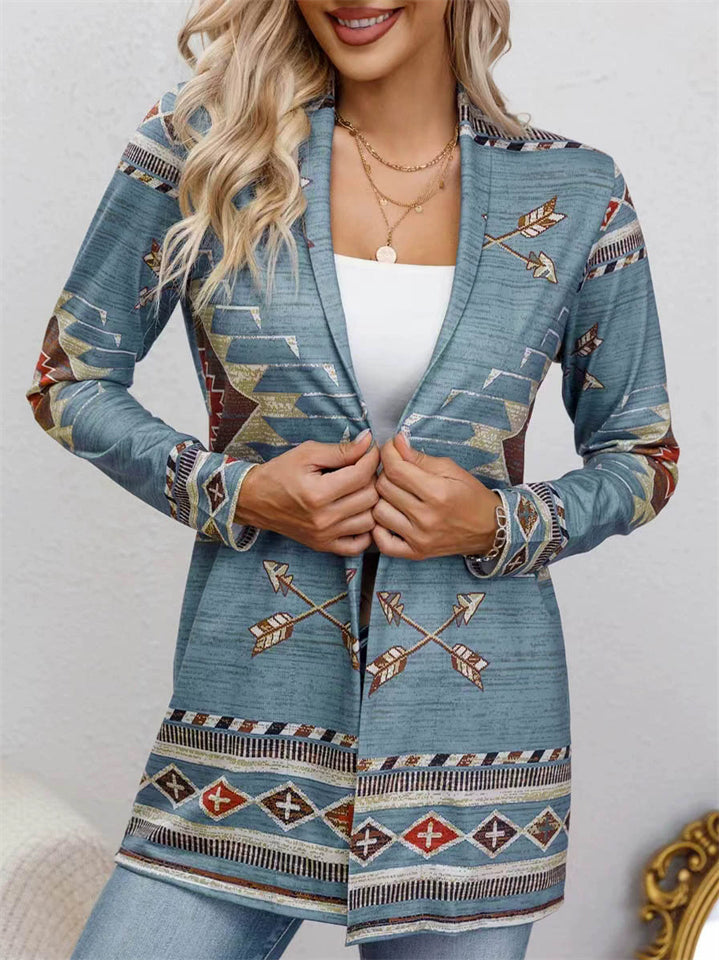 Women's Ethnic Style Printed Lapel Long Sleeve Cardigan Shirts
