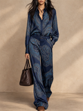 Women Two Piece Paisley Satin Shirt and Wide Leg Pants Outfit