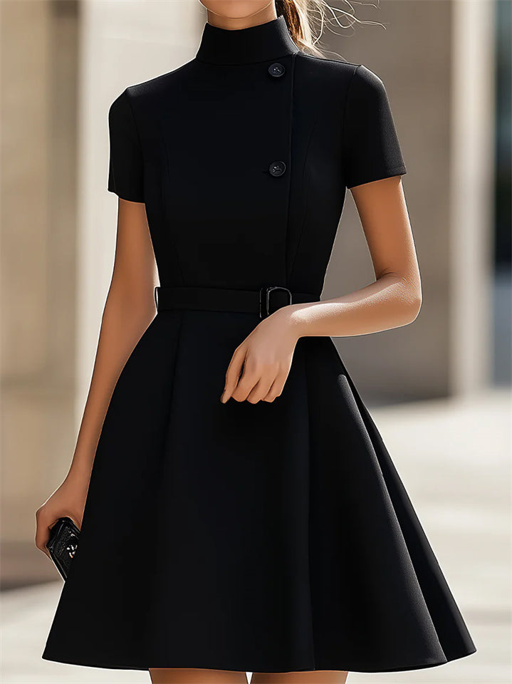 Female's Elegant Black High-Neck Dress with Belted Waist
