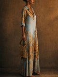 Womens Elegant Baroque Print Maxi Button Down Shirt Dress