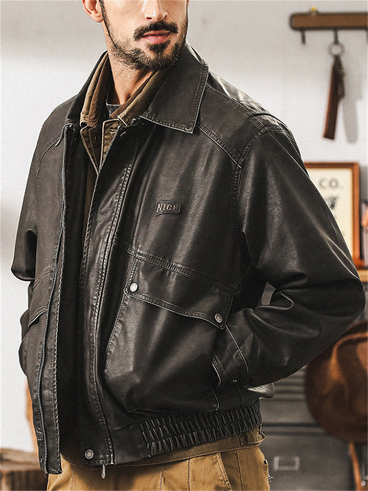 Casual Men's Retro Faux Leather Lapel Cargo Motorcycle Jacket