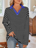 Women's Stripe Contrast Color V Neck Long Sleeve Shirts