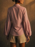 Women Red Striped Button Down Lantern Puff Sleeve Blouse