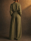 Women Vintage 2 Piece Set Button Down Shirt and Wide Leg Pants