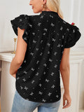 Women's Summer Bowtie Print V neck Lotus Sleeve Chiffon Shirts
