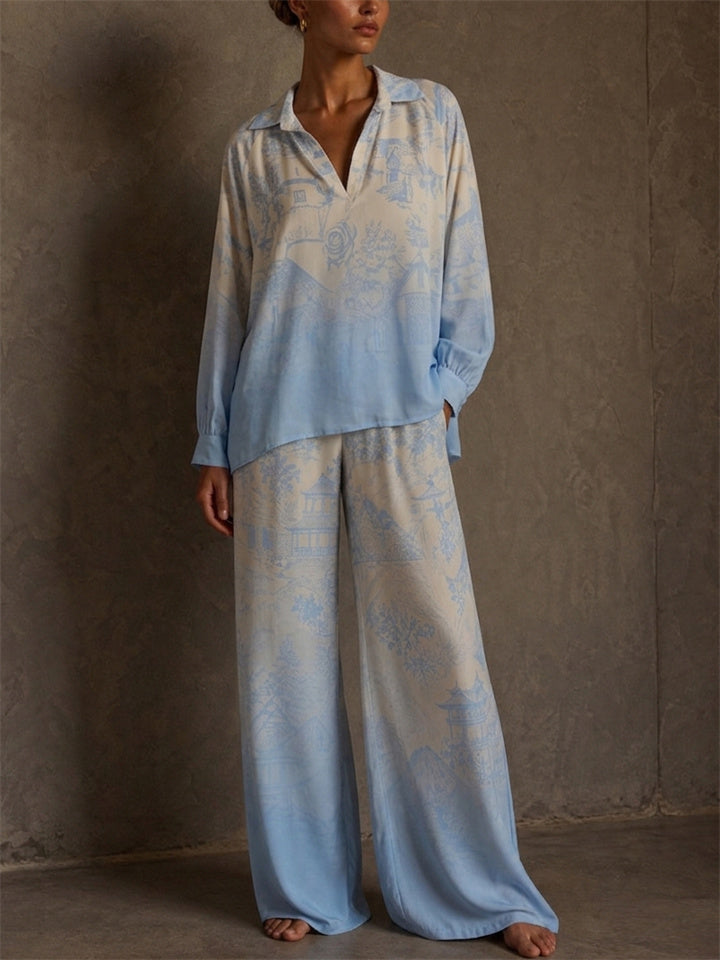Womens Toile Print Wide Leg Flowy Two Piece Lounge Set
