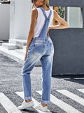 Women's Casual Ripped Light Blue Denim Overalls